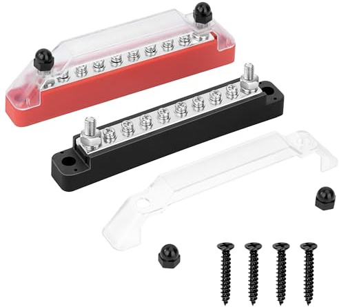 GUNGY Blocco di Distribuzione Alimentazione 12V-48V DC Morsettiera di Alimentazione Busbar 150A con 8 x M4 Terminale a Bolts per Auto Camion Barca Rosso e Nero 2 Pezzi