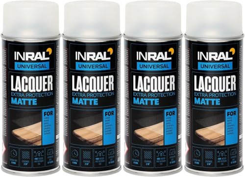 INRAL Acryllack Spray Matt Klarlack 4x400 ml – Schnell Trocknendes Wasserfestes Sprühlack für Holz, Metall, Glas und Keramik – Hitze- und Kratzfester UV Lack für Heimwerker, Handwerker und Künstler