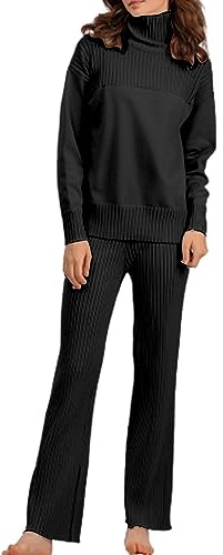 Tuta Maglia Donna Elegante Set Dolcevita Maglione E Pantaloni Gamba Larga Completi 2 Pezzi Casual Invernale Tute Da Casa Comode Curvy Tinta Unita Loungewear Complete Lavoro Moda Completo Interni