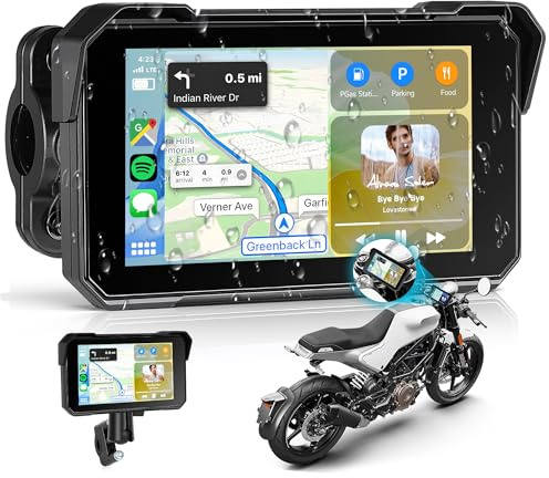 Rimoody Motorcycle Wireless CarPlay Screen Android Auto Waterproof | 5'' IPS Touchscreen Portable Car Play Android Auto for Motorbike Navigation/Siri Bluetooth Tire Detection Pressure