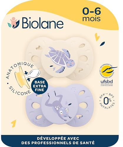 BIOLANE - Tétines Anatomiques Animaux 0-6 Mois - Sucettes Lilas & Beige | Téterelle extra-fines, plate et réversible, Confort optimal, Respect du développement bucco-dentaire, Recommandés par UFSBD