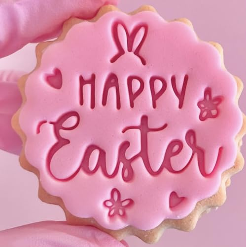 Happy Easter Bunny Spring Cookie Cutter Stamp Embosser fits m&s Biscuits Great for Fondant Icing Reusable Marks and Spencers Party Favours Free Matching Cutter Happy Easter