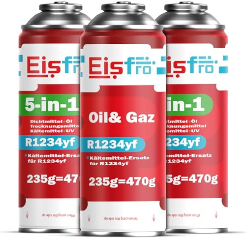 Eisfro – Lot pour Remplissage De Climatisation R1234yf – 1x Gaz R1234yf + 2X R1234yf 5-en-1 XL avec Huile, Stop-Fuite, Traceur UV Et Déshydratant – 3x235 g