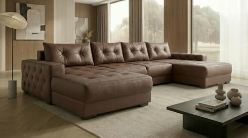 A&J MöbelLand Ecksofa Modena 320x185 cm mit Schlaffunktion, Bonellfederkern und Bettkasten in Braun – modernes Schlafsofa mit Stauraum