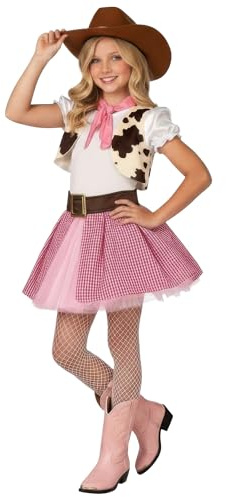 Morph Cowgirl Kostüm Mädchen, Western Halloween Kostüm Mädchen, S | Kleid mit Rüschenärmeln, Weste & Western-Hut, Kuhfell-Aufdruck, Perfekt für Halloween, Ideal für Rollenspiele