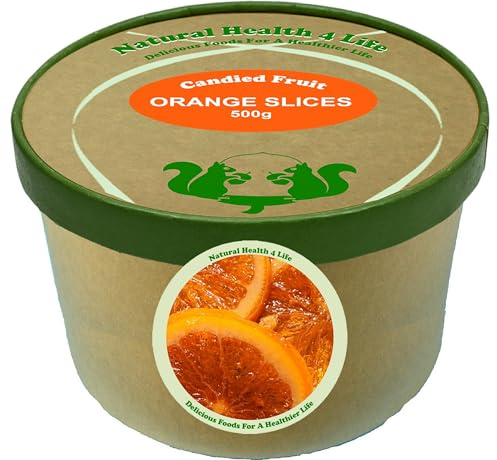 Natural Health 4 Life Glace Candied Orange Slices 500g – Vegan & No Artificial Colours – Ideal for Cake Making, Decorating, Chocolate Dipping & Snacking, Kraft Tub