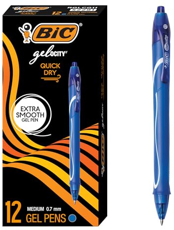 BIC Gelocity Quick Dry Blue Gel Pens, Medium Point (0.7mm), 12-Count Pack, Retractable Gel Pens with Comfortable Full Grip