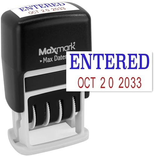 MaxMark Self-Inking Rubber Date Office Stamp with Entered Phrase Blue Ink & Date RED Ink (Max Dater II), 12-Year Band