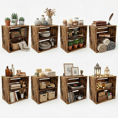 Teramico Massive Holzkisten geflammt mit Zwischenboden (8er Set Längs) | Neue, geflammte Holzkisten mit Zwischenboden. Absolut stabil für Do-it-yourself Möbelbau, Regal oder Aufbewahrung.