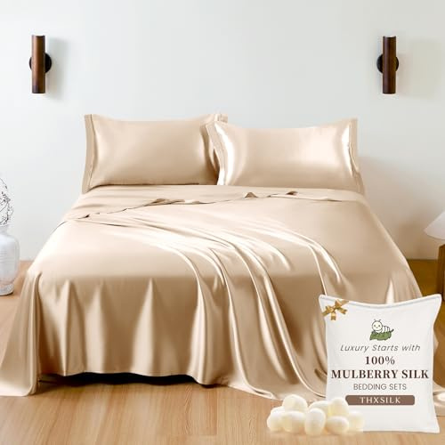 THXSILK 100% Mulberry Silk Sheet Set, 7A+ Silk Sheet Set Soft Breathable, Luxury Bedding (1 Flat Sheet, 1 Fitted Sheet, 2 Pillow Shams) Queen, Champagne