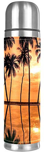 Palm Trees Decline Orange Outlines Hawaii Leak Proof Water Bottle Stainless Steel Vacuum Cup Flask Insulated Thermos for Hot and Cold Beverages 500 ML for Office, School, Travel
