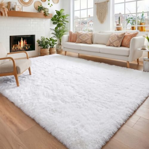 Amdrebio vit löparmatta för sovrum, 8 x 15 cm, fluffig lurvig matta för vardagsrum, sängmatta för barnrum, lurvig matta för barnkammare, luddig plyschmatta, vit matta, rektangel, söt rumsdekor för