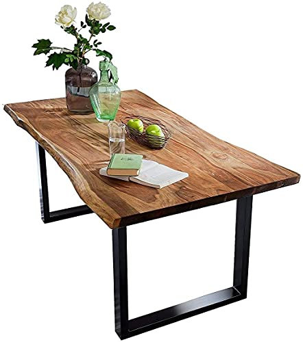 SAM Baumkantentisch 140x80 cm Quarto, Akazienholz massiv + nussbaumfarben, Esstisch mit schwarzem U-Gestell, Esszimmertisch/Holztisch Industrial-Design, Tischplatte 26 mm