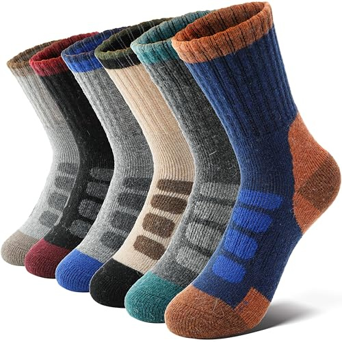 Anlisim Kids Merino Wool Hiking Socks Boys Girls Toddlers Thermal Winter Warm Boot Thick Cushion Snow Ski Gift Stocking Fillers Socks 6 Pairs(Check, 8-12 Years)