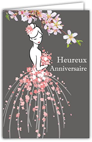 Carte Heureux Anniversaire pour Jeune Fille - Femme Illustration Robe de Fleurs Roses Printanières Princesse Danseuse Fée - Enveloppe Incluse - Fabriquée en France - Afie 65-1333
