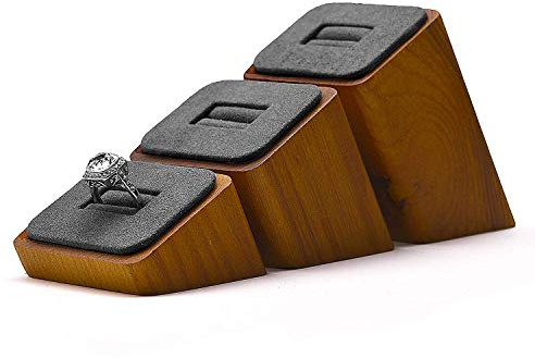 Oirlv Anello Quadrato In Legno Massiccio 3 Pezzi Gioielli Display Case Anello Display Stand (Grigio Scuro)