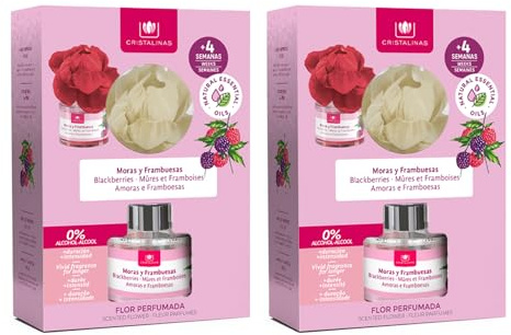 CRISTALINAS | Pack 2 Ambientador Flor Perfumada | Aroma Moras y Frambuesas | Larga Duración 4 Semanas | 2x40ml | 0% Alcohol
