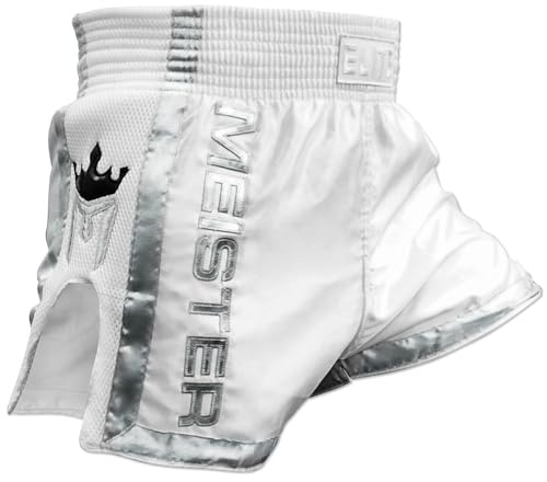 Meister Elite Muay Thai Shorts - Completamente Elastico in Vita w/Mesh, Bianco/Argento, 48/49 IT