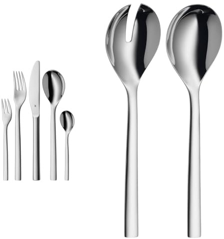 WMF Atria Besteck Set 12 Personen, Essbesteck 60 teilig & Nuova Salatbesteck Edelstahl 25 cm, Salatgabel, Servierlöffel, Cromargan Edelstahl poliert, glänzend, spülmaschinengeeignet