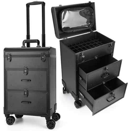 Yokilly Rolling Makeup Train Case, Professional Cosmetology Case on Wheels, Aluminum Cosmetic Trolley Travelling Cart Trunk with Swivel Wheels, Sliding Drawer & Keys for Nail Technician Stylist(Black)