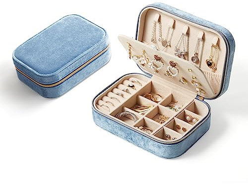 CASEGRACE Boîte à bijoux de voyage en velours pelucheux, étui à bijoux portable pour femmes et filles, boîte de présentation à bijoux double couche pour collier, boucles d'oreilles, bagues, bracelets,