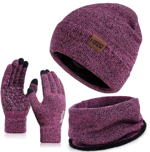 Nertpow Mütze, Schal & Handschuh-Sets für Damen Herren, Touchscreen Handschuhe Winter Beanie Mütze Stricken mit Fleece Gefüttert Schal Halswärmer Geschenk(Handschuhe&Mütze&Schal Schwarze Rose