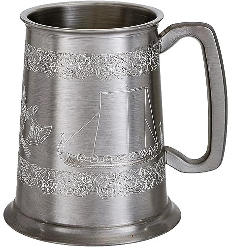 I LUV LTD Zinn Krug 1 Pint Wikingerschiff-Design im Antik-Finish mit Ikonischen Wikinger-Langschiffen und Helm Quadratischer Griff Rein Bier Krug Personalisierte Geschenke für Männer und Frauen
