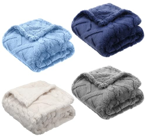VitalCozy 4 Pcs Fleece Baby Blankets for Boys Girls 3D Soft Plush Warm Baby Receiving Blankets 30 x 40 Cozy Fluffy Infant Toddler Newborn Swaddling Blanket for Crib Nursery Bed(Blue Set)