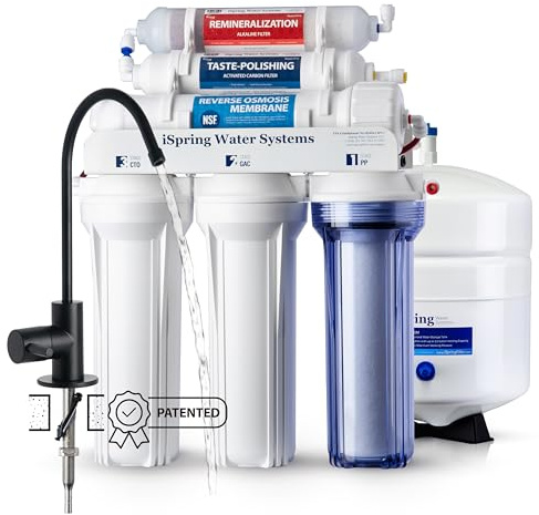 iSpring RCC7AK-BLK, Système d'osmose inverse alcalin à 6 étapes 75 GPD avec robinet RO noir élégant, système de filtre à eau RO de reminéralisation pH + sous évier, filtre à eau potable au goût