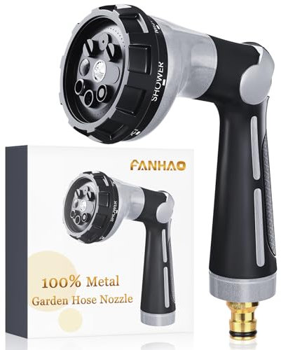 FANHAO Pistola da Giardino 100% Metallo con 8 Modelli, Pistola Per Innaffiare alta Pressione con Comando a Pollice,Valvola on/off per Irrigazione di Prati e Piante, Lavaggio auto - Argento