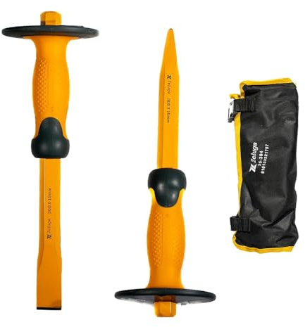 Zeluga 25-384 12 inch Heavy Duty Hex Pointed Head and Flat Head Chisel with Tool bag, 2 PCS Pro Masonry Chisel Set with Hand Protection, Used for Demolition, Carving, Scaling, Breaking and Crushing