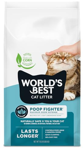 WORLD'S BEST CAT LITTER Poop Fighter Maximum Odor Defense, 15-Pounds - Natural Ingredients, Quick Clumping, Flushable, 99% Dust Free & Made in USA - Long-Lasting Odor Control & Easy Scooping
