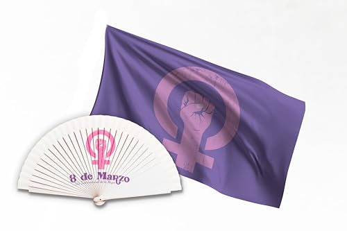 Pack Balconera con Abanico Día Internacional de la Mujer 8M. Decoración exterior 70x100 cm. Tela impresa Día de la Mujer 8M. Abanico Día de la Mujer Feminismo. Abanico barato de madera blanco.