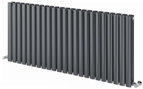 Go Bathrooms Horizontal Radiator 600 x 1360mm Anthracite Oval Double Column Central Heating Under Window Radiator Grey Horizontal Kitchen Radiator