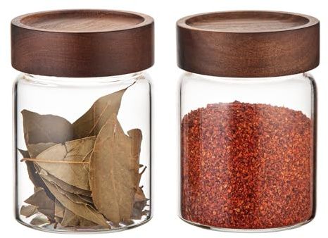 Foyofly Barattoli di vetro con coperchio, barattoli per spezie con coperchi in legno a vite, ermetici, per sale marino, paprika, erbe, cannella, caffè, condimenti, fermentazione, decapaggio