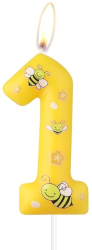 Mciskin Velas de primer cumpleaños de abeja, decoración de pastel de abeja, vela amarilla número 1 para pastel, decoraciones de primer cumpleaños para niñas y niños
