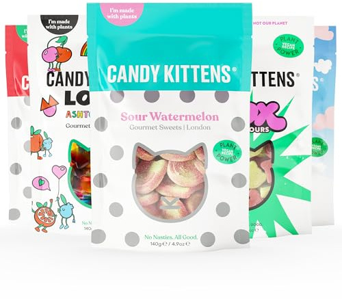 Candy Kittens Vegan Sweets DISCOVERY Selection (5 x 140g) – Vegan Chewy Sweets Bundle, Wild Strawberry, Sour Watermelon, Shox, Wanderlust & LOVES – Ideal Vegetarian Treats & Gifts | Wild Strawberry, Sour Watermelon, SHOX, Wanderlust & LOVES - No Gelatine, Real Fruit Juice