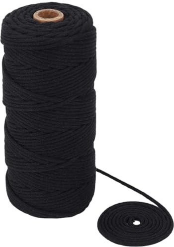 FREEBLOSS Cordón de algodón trenzado negro de 3 mm x 100 m, 100 % algodón, hilo de macramé para tejer macramé, cordón de algodón para manualidades, kit de macramé