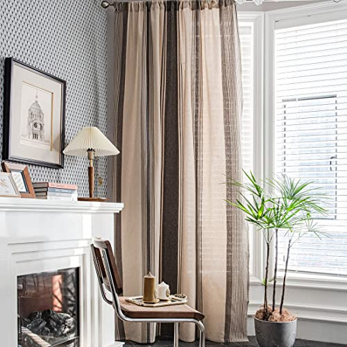 Namzi Gestreifter Fenstervorhang aus Baumwollleinen, Landhausstil, Raumverdunkelung, Vorhang, Vorhang für Schlafzimmer, Wohnzimmer, 1 Stück (Kaffee, 150 x 180 cm)