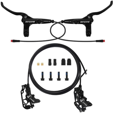 BUCKLOS EBike 2-PIN 4 Pistons Electric Power Off MTB Hydraulic Disc Brake Set,E-Bike Left Front 1150mm Right Rear 1950mm Aluminum Alloy Caliper Lever for ebike/Scooter/Mountain Bike HD-E735(Pre-Bled)
