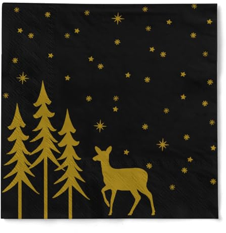 Mank Servietten aus Tissue Liane, Weihnachtsservietten für festliche Events, Serviette mit goldenem Druck, Weihnachten (Schwarz, 40 x 40 cm, 100 Stück)
