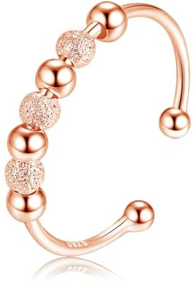 Cangall Silber Stimmungsringe, 925 Sterling Silber Anxiety Rings, Offen Verstellbar Anti Stress Ringe Akupressurringe Rose Gold, Unisex Spinner Bead Fidget Ringe Rose Gold für Anxiety Frauen Männer