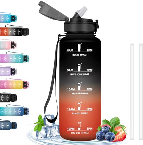 Grsta Botella 1.5 Litros, Gimnasio con Pajita, Marca de Tiempo, Botella Agua Motivacional, Botella Plastico, a Prueba de Fugas, Botella de Agua para Gimnasio, Bicicleta, Yoga