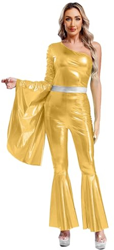 Jugaoge Damer 70-tals disco danskostym, one shoulder, långärmad bodysuit, utsvängda klockor, ärmar och ben, glänsande metallisk jumpsuit, danskläder, Guld, L