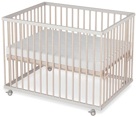Sämann Laufstall Baby mit Matratze SleepPlus, Lattenrost und Schlupfsprossen | stufenlos höhenverstellbar | Laufgitter Premium | Babybett aus Holz | Krabbelgitter (weiß/natur, 75x100 cm)