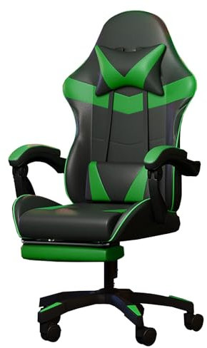 LVYWEX Gaming Chair, Kopfstütze und Lendenkissen Verstellbare Rückenlehne Bürostuhl Ergonomische Lendenwirbelstütze Weiche Armlehnen Silent Pulley(Black+Green,with)