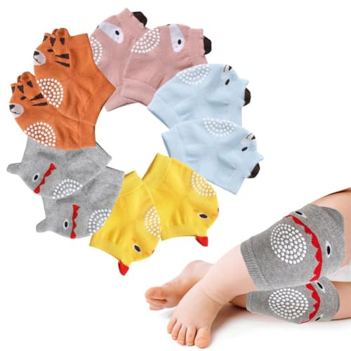Baby Krabbelknieschoner + Baby Krabbelsocken, 5 Paar rutschfeste Gummipunkte Krabbelknieschoner Geeignet für 0-4 Jahre alte Kinder Einheitsgröße