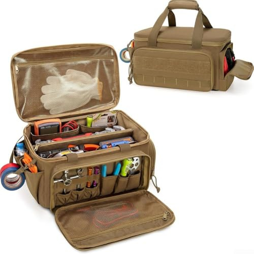 PETSTIBLE Multifunktionale Arbeitstasche mit leicht zugänglichen Reißverschlüssen, Elektriker-Werkzeugtasche für Handwerker, Elektriker, Tischler, Khaki, 35,6 cm