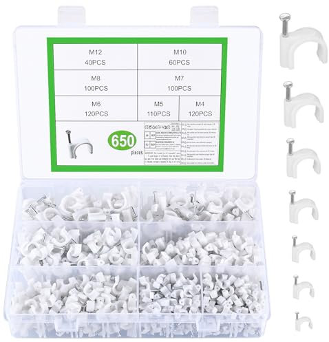 650 STK Kabelschellen Nagelschellen, Kabelhalter Nagel, Kabelklemmen Wand, Kabelschellen zum Schrauben, Kabel Clips Haken, Kabelbefestigung Wand, Elektro Kabel Wandhalterung(4mm - 12mm, Weiß)