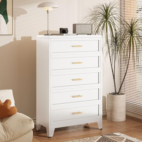 risuoge 5 Drawers Tall White Dresser for Bedroom, 52.16 Metal Dressers & Chests of Drawers Curved Corner Design, Storage Organizer Drawer Chest with Large Capacity for Living Room, Hallway, Entryway